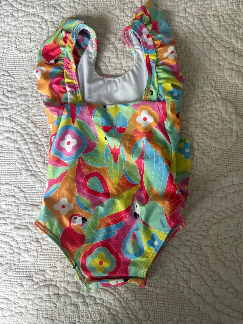 Kenny Flowers Parrots of Caribbean Girl’s Tropical Ruffle One-Piece Swim Suit
